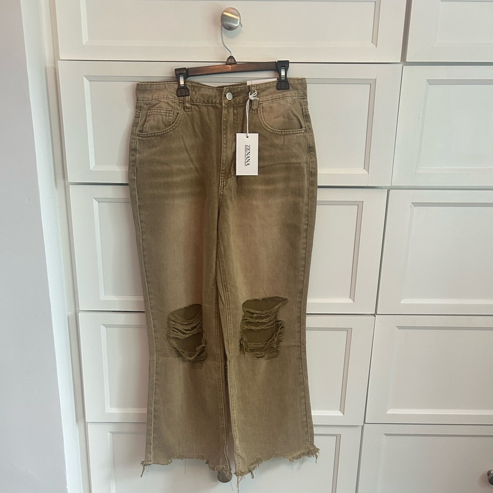 Zenana Outfitters High-Rise Distressed Wide-Leg Jeans - Olive